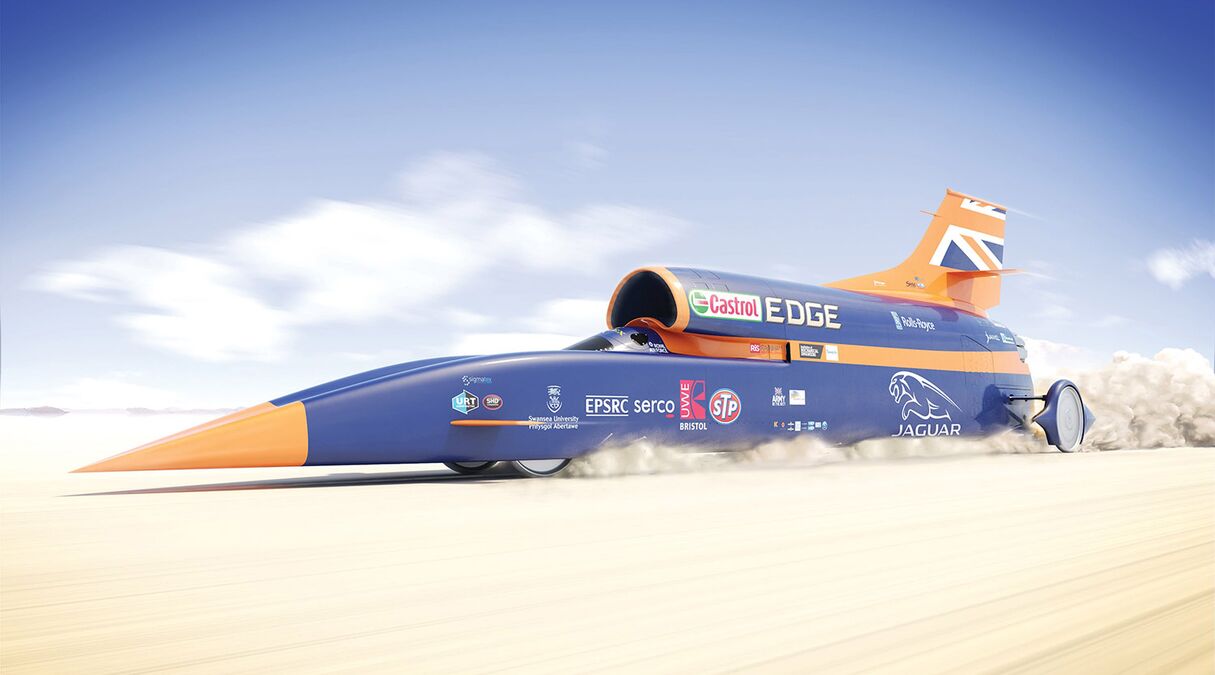 Illustratie voor: De Bloodhound SSC is een auto met 135.000 pk die 1600 km/u moet gaan halen