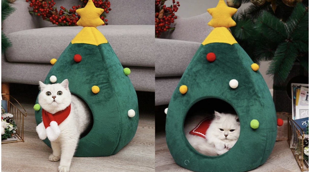 Illustratie voor: Deze kerstboom-kattenmand wil iedere kattenlover toch in huis halen?