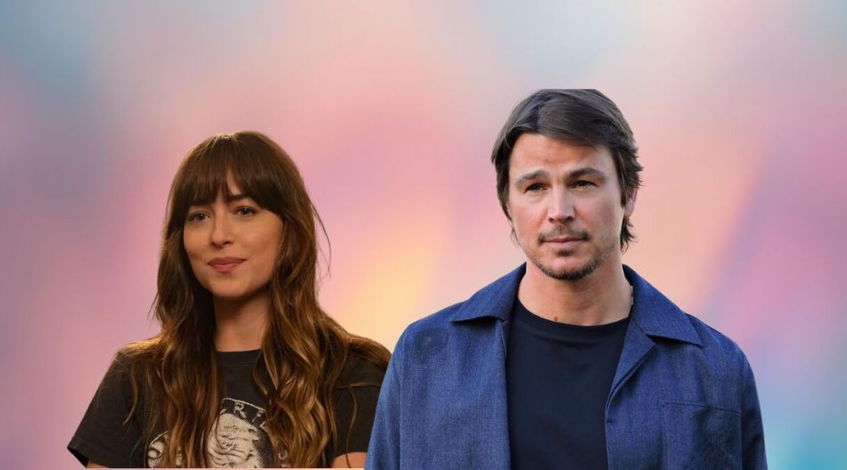 Dakota Johnson en Josh Hartnett op een gekleurde achtergrond.