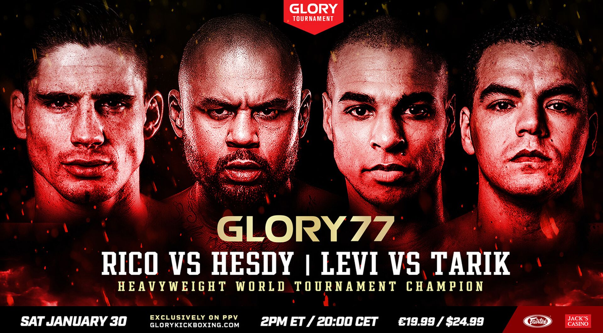 Levi Rigters, Hesdy Gerges en Tarik Khbabez zijn de tegenstanders van Rico Verhoeven tijdens Glory 77